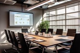 a conference room with a large screen