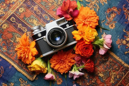 Vintage Camera and Flowers on Patterned Fabric
