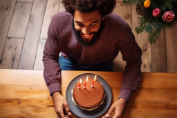 a man sitting at a table with a cake with candles on it