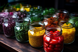 Colorful Preserved Vegetables in Glass Jars