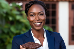 a woman holding a chocolate bar