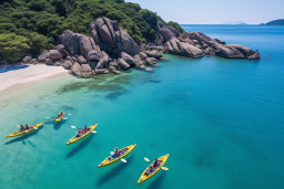 a group of people in kayaks on a clear blue water with rocks and trees