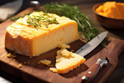 Un bloc de fromage avec un couteau sur une planche en bois