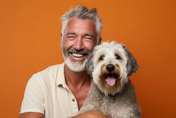 Um homem sorrindo com um cachorro