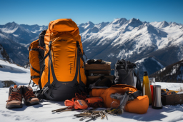 una mochila y otros artículos en una montaña nevada