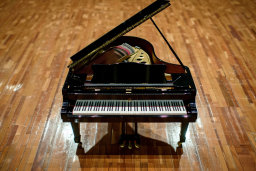 a piano on a wood floor