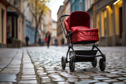 a red baby stroller on a cobblestone street