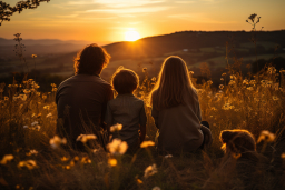 a group of people sitting in a field with a dog and a sunset