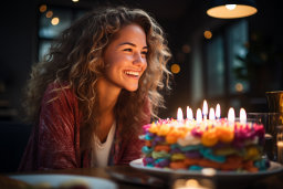 a woman smiling at a birthday cake
