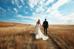 Bride and Groom Walking in Field