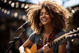 Uma mulher com cabelo encaracolado tocando violão e cantando