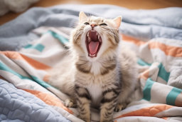 Eine Katze, die mit offenem Mund auf einem Bett sitzt