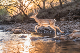 Ein Hirsch, der über einen Fluss läuft