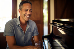 Um homem sorrindo para um piano