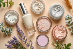 Cosmetic Products and Flowers Flat Lay