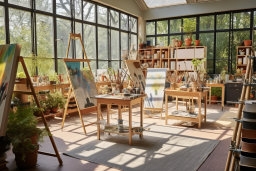 a room with art supplies and easels