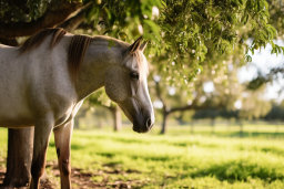Un cavallo in piedi sotto un albero