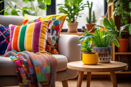 a couch with pillows and a blanket next to a table with plants