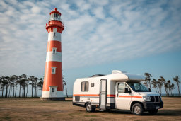 a white van parked next to a red and white lighthouse