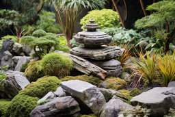 Ein Steingarten mit einem Stapel Felsen und Pflanzen