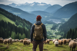 Un homme debout sur une colline avec un troupeau de moutons