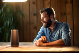 Un homme assis à une table avec un haut-parleur