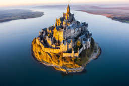 une île avec un château avec le Mont Saint-Michel en arrière-plan