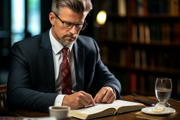 Un uomo in giacca e cravatta scrivendo su un libro