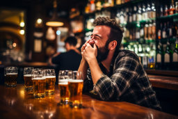Un homme assis dans un bar avec ses mains sur son visage