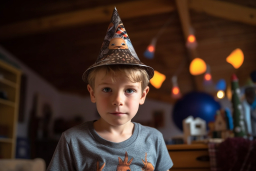 a boy wearing a party hat