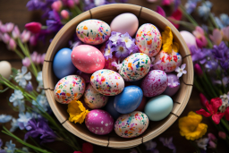 Un bol d'œufs colorés et de fleurs