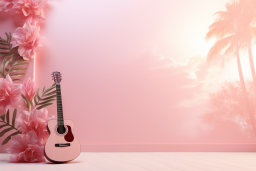Une guitare rose penchée contre un mur rose