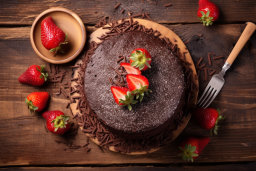 Ein Schokoladenkuchen mit Erdbeeren oben