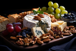 un fromage et des raisins sur une planche en bois