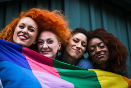 Un groupe de femmes souriant et tenant un drapeau