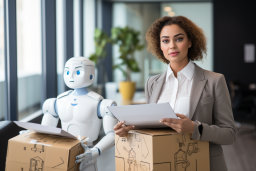 a woman holding a box and a robot