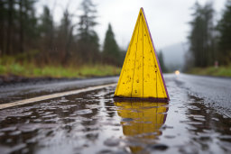 a yellow triangle sign in a wet road
