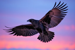 Majestic Raven in Flight at Sunset