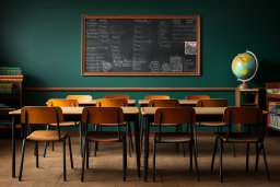 Egy osztályterem egy táblával és asztalokkal
