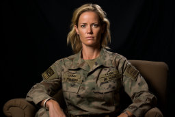 Une femme en uniforme militaire assise sur une chaise