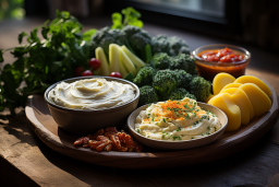 a plate of dips and vegetables