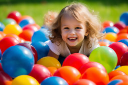 a child lying in a pile of balls