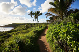 a dirt path with palm trees and bushes on a hill