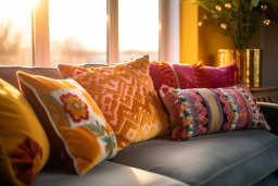 un canapé avec des oreillers colorés