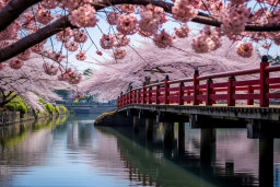 Cherry Blossoms Over a Red Bridge