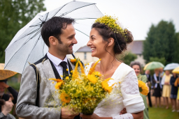 un homme et une femme tenant des fleurs et un bouquet de fleurs