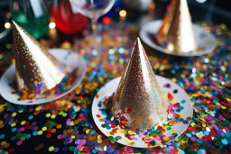 a group of party hats on plates with confetti