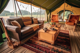 un canapé et une table basse dans une tente