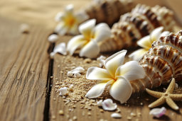 Tropical Seashells and Frangipani on Wood