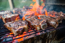 Steaks Grilling Over Open Flames